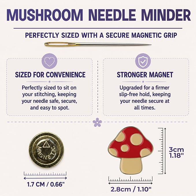 The Quilted Bear Magnetic Needle Minder, Toadstool Mushroom | Enamel Needle Keeper for Embroidery & Cross Stitch, Secure Holder for Sewing Needles & Pins, Strong Magnet, Sewing Accessory