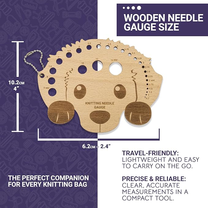 The Quilted Bear Wooden Knitting Needle Gauge - Knitting Gauge Measuring Tool for Accurate Needle Measurements with Metric & Imperial Sizes 0.7mm to 15mm & US 6-0 to 19 in Various Fun Designs (Dog)