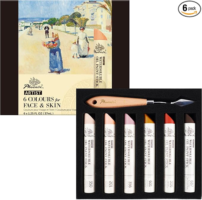PHOENIX Skin Tone Oil Paint Stick - Set of 6 Flesh Tint 37ml Large Soft Water Soluable Oil Pastels for Artists