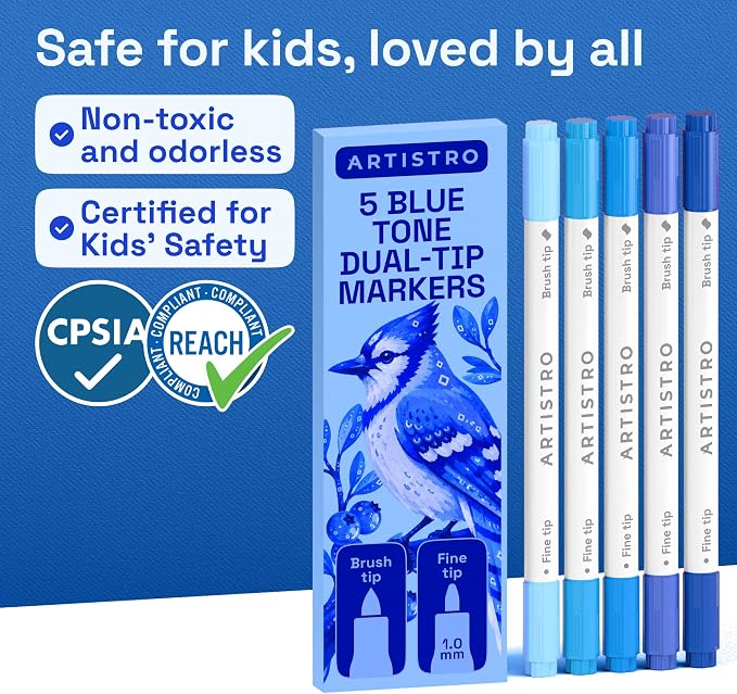 ARTISTRO 5 Blue Tones Dual-Tip Acrylic Paint Marker Pens for Drawing | For Fabric, Rock, Glass, Wood, & Molds, Arts & Crafts Gift for Adults, Teens, & Kids, Classroom Must Haves & School Supplies