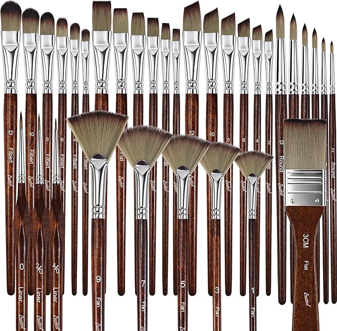 Bougimal 33 Pcs Paint Brush Set, No-Shedding Artist Paint Brushes | Paint Brush Kit with Flat Round Filbert Fan Angle Detail Brush for Acrylic, Oil, Watercolor, for Artists & Beginners (Tawny)