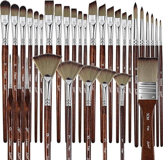 Bougimal 33 Pcs Paint Brush Set, No-Shedding Artist Paint Brushes | Paint Brush Kit with Flat Round Filbert Fan Angle Detail Brush for Acrylic, Oil, Watercolor, for Artists & Beginners (Tawny)
