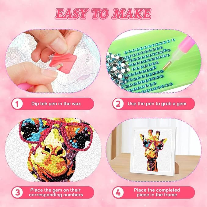 cviokrdu 4 PCS Diamond Art Kits for Kids, Animals Diamond Art for Kids Ages 4 8 12, Cute Horse Lion Dog Deer Gem Art Kit Crafts Beginners for Gift Home Wall Decor (6x6inch)