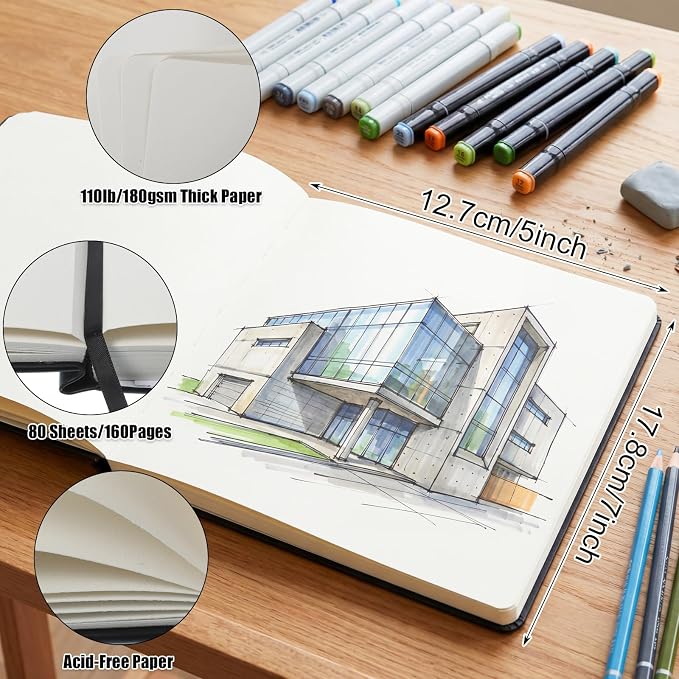 Hardcover Sketchbook 5×7 in, 180 GSM, 80 Sheets/160 Pages, Black | Acid-Free Heavy Paper, Pu Cover, Perforated Pages, Elastic Closure, Back Pocket, for Drawing & Sketching