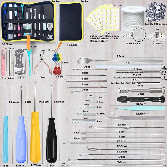 155PCS Adjustable Candle Hole Drill Needle with Candle Wick Roll 200 Ft,Candle Making Kits to Insert Wick in Silicone Molds,Mold Hook & Eye Punch Needle,Big Hole Long Needle,Stickers,Center Holder