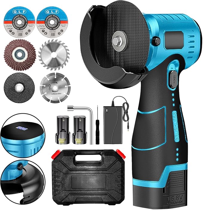 ZFULVO Cordless Angle Grinder Brushless Kit 19500rpm Cutting and Grinding | 3-Inch Mini Electric Angle Grinding Tool, 2x16.8V 2000mAh Battery & 6-Cutting Discs Grinder Handheld Cutter for Metal Wood
