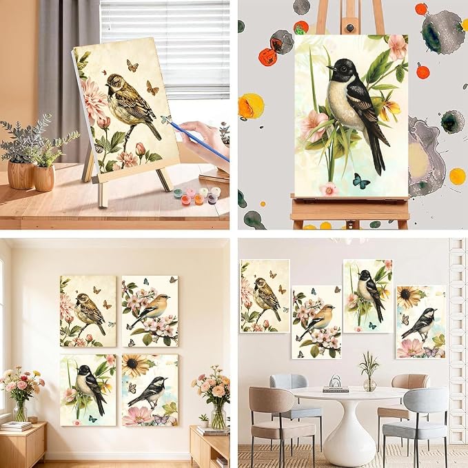LWZAYS 4 Pack Bird Paint by Numbers Kit for Adults with Frame, Vintage Paint by Number for Adults Beginner with Wooden Easel, DIY Painting by Numbers Canvas Framed for Home Decor 8 x 12 Inch
