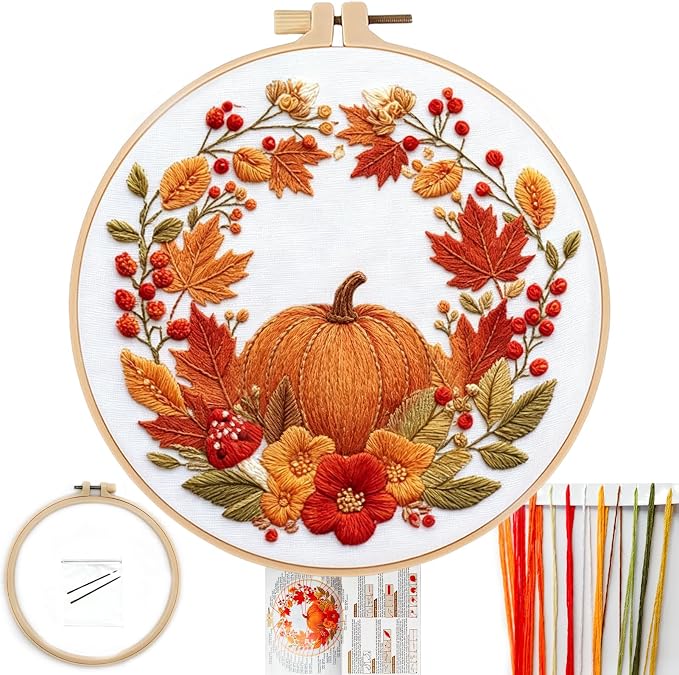 FONNUY Fall Embroidery Kit, Handmade Autumn Wreath Pre-Stamped Pattern for Beginners, Thanksgiving Harvest Home Decor, 8'' Hoop (Pumpkin)