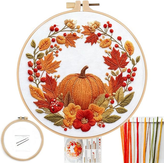 FONNUY Fall Embroidery Kit, Handmade Autumn Wreath Pre-Stamped Pattern for Beginners, Thanksgiving Harvest Home Decor, 8'' Hoop (Pumpkin)