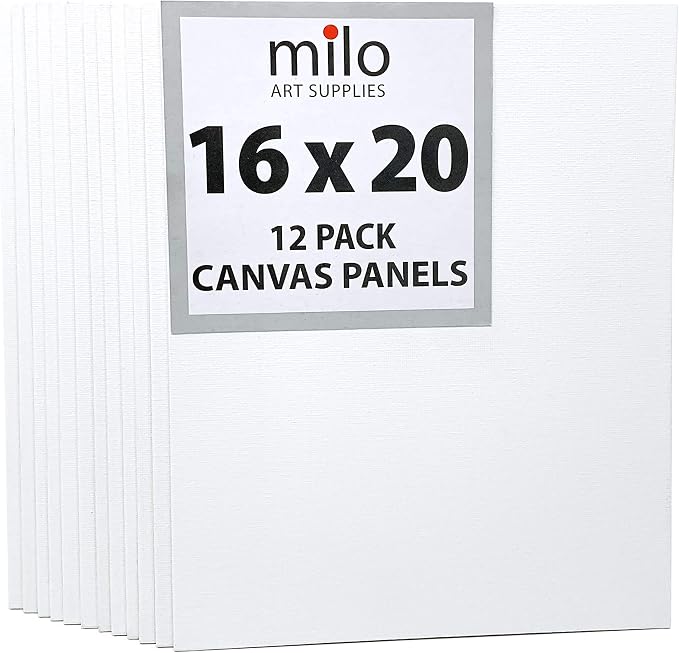 milo Canvas Flat Panel Boards for Painting, 16x20 inch, 12 Pack, White | Primed & Ready-to-Paint Art Supplies for Acrylic, Oil, Mixed Wet Media, & Pouring, Bulk, Painting Party Pack, Blank, Cotton