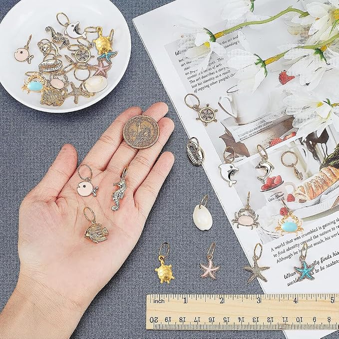 NBEADS 30 Pcs Ocean Theme Stitch Markers, Alloy Enamel Crochet Marker Charms Locking Stitch Ocean Hair Rings with Solid Ring Jewelry Pendant for Knitting Weaving Sewing Accessories Handmade Jewelry