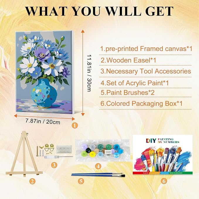 SparkGlow Flowers Paint by Numbers Kit for Adults with Frame, 8×12 Inch | Include Easel, Premium Materials, Number Painting for Gift, Home Decoration, Relaxing and Joyful Activity
