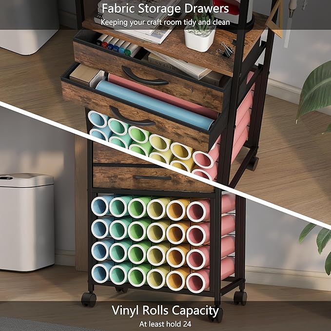 VENNQD Organizer and Storage Stand Compatible with Cricut Machines,Rolling Storage Cart/Shelf with 24 Vinyl Roll Holders，2 Fabric Drawer,Accessories Holder,Tool Hook for Craft Room Home (Rustic Brown)