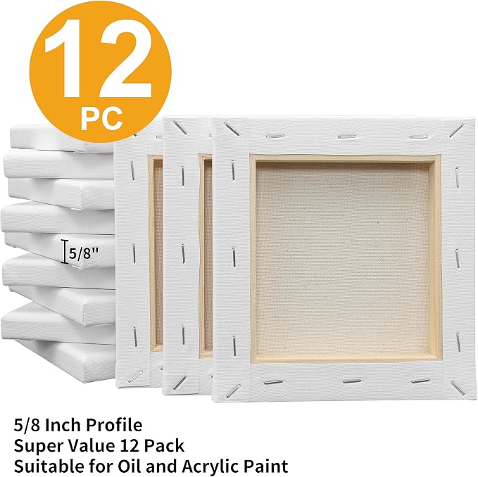 FIXSMITH Stretched Canvas for Painting - 6x6 White Canvas Bulk Pack of 12,Primed,100% Cotton,5/8 Inch Profile of Super Value Pack for Acrylics,Oils & Other Painting Media.