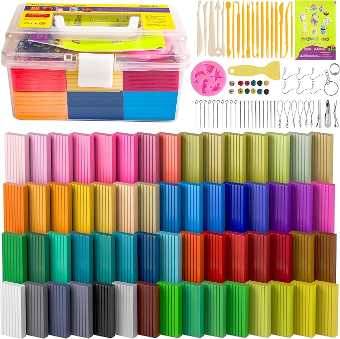 Cyajm 60 Colors Oven Bake Clay Kit, Individually Wrapped | For kids jewelry making, home art. Easy to shape and bake