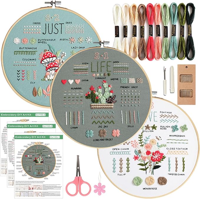COCOMOX Embroidery Kit for Beginners Adults, Needlepoint Cross Stitch Kits | Simple Embroidery Patterns, Learn 34 Different Basic Stitch Skills, DIY Hand Embroidery Kit