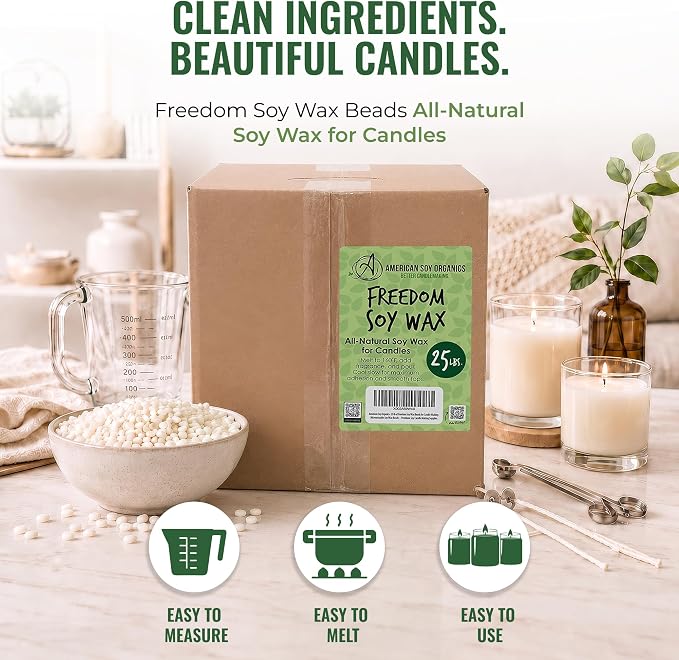American Soy Organics Freedom Soy Wax Beads, All-Natural Candle Wax, 25 lbs | DIY Candle Making Supplies Ideal for Container Candles, Tealights & Wax Melts, Paraffin-Free, Beeswax-Free, Microwavable