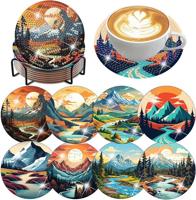 8 Pcs Diamond Art Coasters Kits, Landscape Diamond Painting Coasters Kits