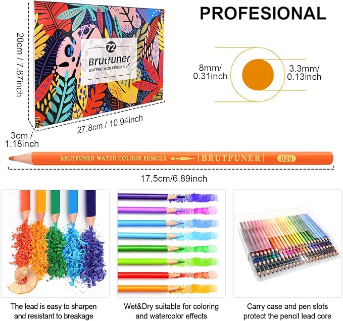 LBW Professional Watercolor Pencils for Adult Coloring Books, 72 Blendable Watecolor Pencils Set for Artists Beginners, Water Soluble Colored Pencils Wet or Dry