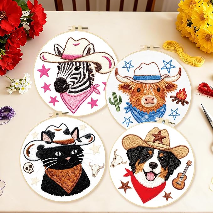 BEUNITONE 4 Set Embroidery Kit for Beginners, Animal Cowboy Patterns Cross Stitch Kits, Needlepoint Kits for Adults with Hoop, Cute Hand Embroidery Patterns for Cloth and Home Decor
