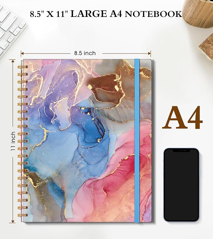 Spiral Notebook Journal 8.5” x 11”, A4 Large Notebooks for Women Men, College Ruled Lined Journal, 100 GSM Paper, Hardcover Spiral Bound Journals for Work School Note Taking, Vibrant Watercolor