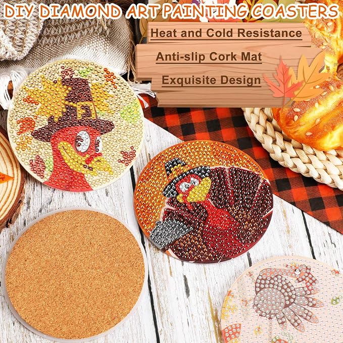 UPINS 8Pcs Fall Diamond Art Coasters with Holder | Thanksgiving Diamond Turkey Art Coasters Kits, for Adults Kids Beginners Diamond Craft Supplies