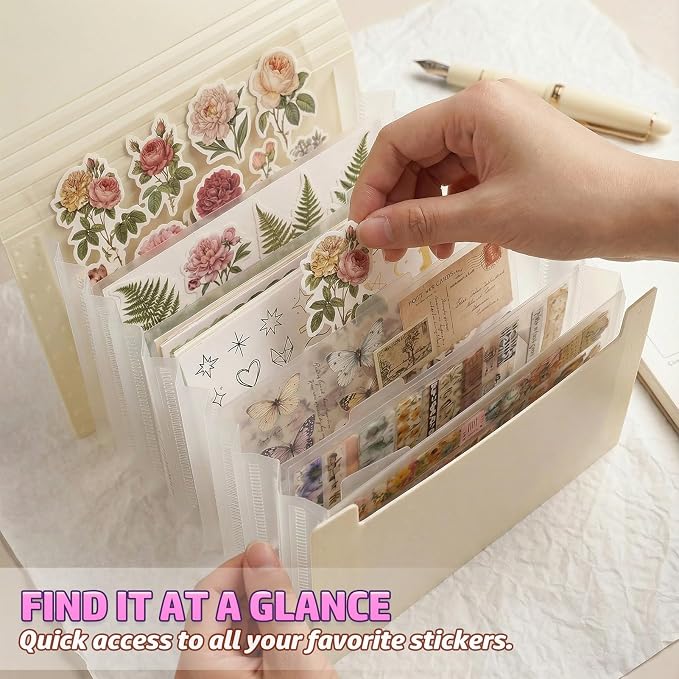 Sticker Storage Organizer with 7 Expandable Pockets, A6 Multi-Layer Desktop Sticker Binder for Scrapbook Essentials and Journal Organizer, Large Capacity for Thick Sticker Album, Washi Tape(Cream)