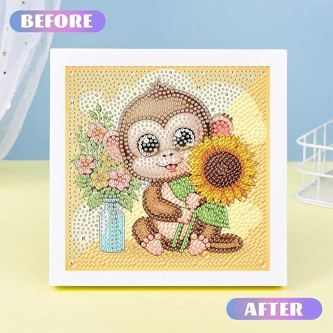 ajepon Monkey Diamond Art Kits for Kids with Frame, Animal Diamond Art for Kids Ages 8-12, Monkeys Diamond Painting Kits for Kid with Beautiful Package for Gift Home Wall Decor (7x7inch)
