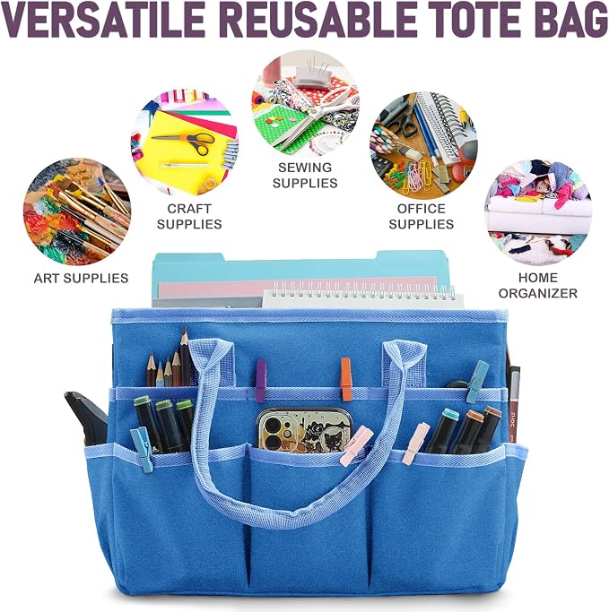 Cupohus Craft Organizer Bag, Blue Art Supply Tote with Multiple Pockets