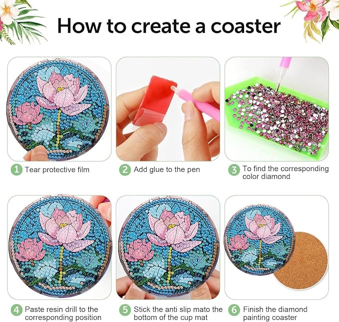 Diamond Art Coasters Kits, 8 Pcs Flowers Diamond Painting Coasters Kits