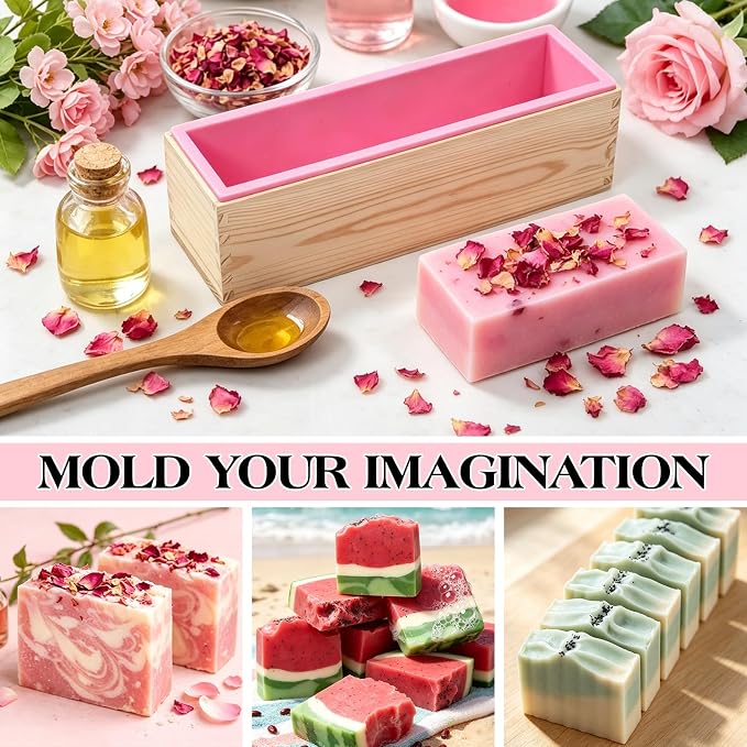 SJ 42 oz Soap Making Kit with Pink Silicone Loaf Mold, Wooden Box & Cutters | Stainless Steel Straight & Wavy Cutters, Food-Grade Silicone Loaf Mold, Easy Release, Reusable, DIY Soap Making