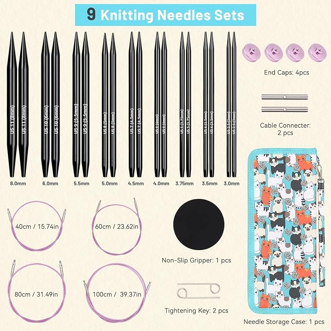 Aeelike 9 Pair Interchangeable Knitting Circular Needles Set 3-8.0mm, Black | Aluminum Interchangeable Knitting Needles with 4 Cables, Smooth Complete Needles Set for Socks Blankets Sweaters, Ideal Gift
