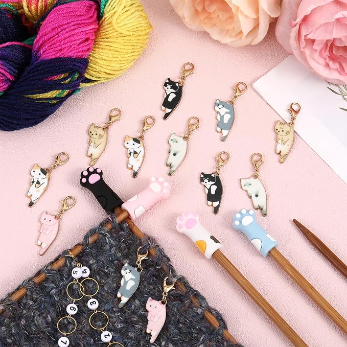 COGCHARGER DIY Knitting Tool Sets 18Pcs Including Cat Alloy Enamel Crochet Stitch Markers Knitting Row Counter Chains Silicone Knitting Needle Stoppers for Knitting Project