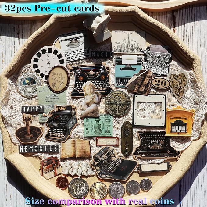 CATaireen Vintage Junk Journal Items Kit Pre Cut Paper Cards Cutout Cardstock Art Aesthetic Decor Hollow Out Craft Elements Small Embellishments Supplies for Adults Scrapbook Pack (Typewriter)