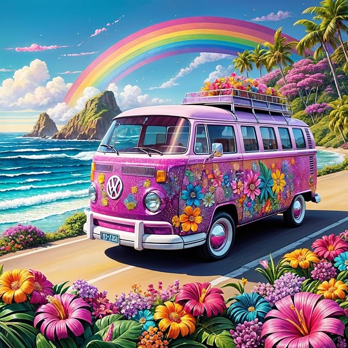 mrpwnle Diamond Art Kits for Adults, Bus Flowers Diamond Painting Kits | Bus Flowers Diamond Art Painting Kits for Adults Beginners, DIY Full Round Drill Gem Art Kits for Home Decor Gifts 12X12 Inch