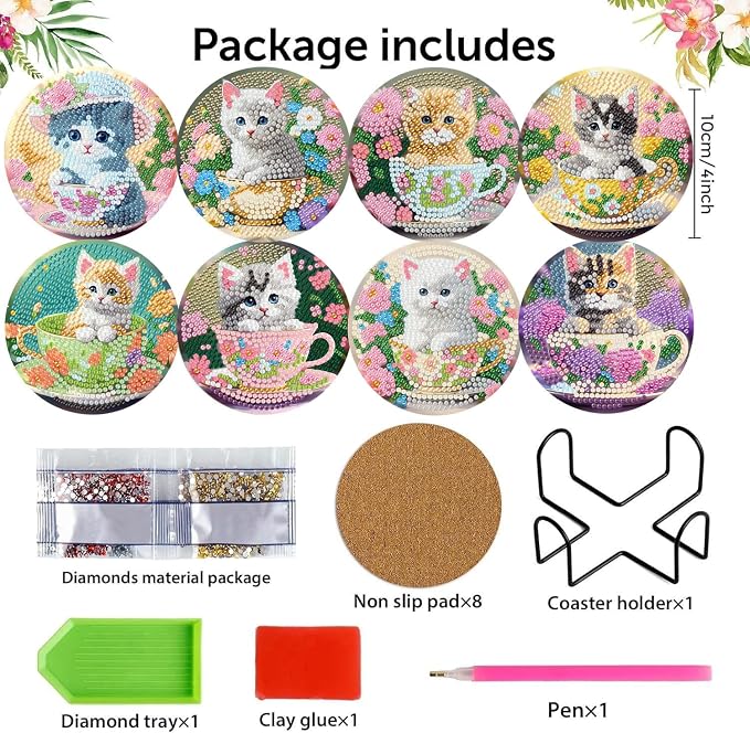 8 Pack Diamond Art Coasters Kits - Cute Cat Diamond Painting Coasters
