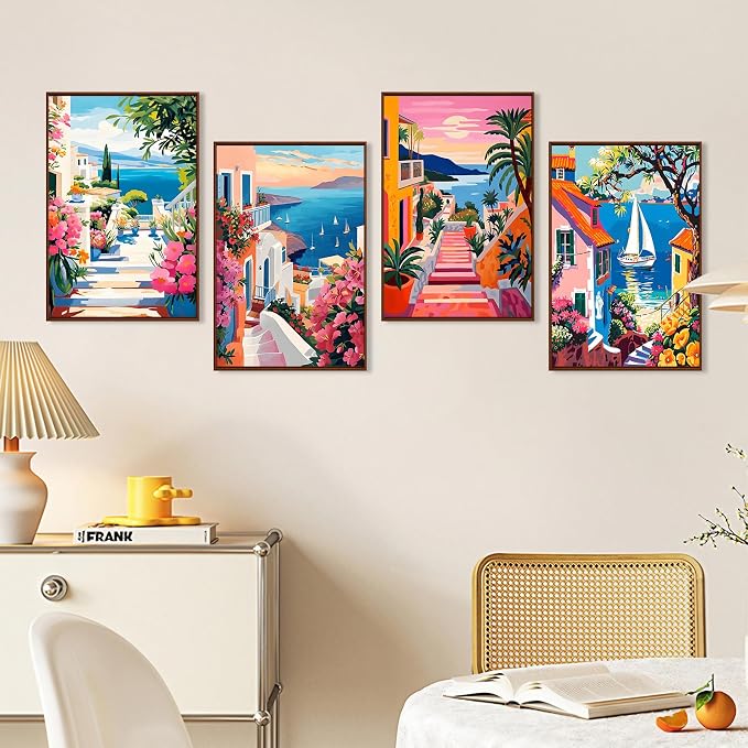 4 Pack Paint by Numbers Kit for Adults with Frame, Seaside Town Landscape | DIY Acrylic Painting Kit with Wooden Easel, Framed Paint by Number for Beginners, Home Wall Decor & Gift, 8 x 12 Inch