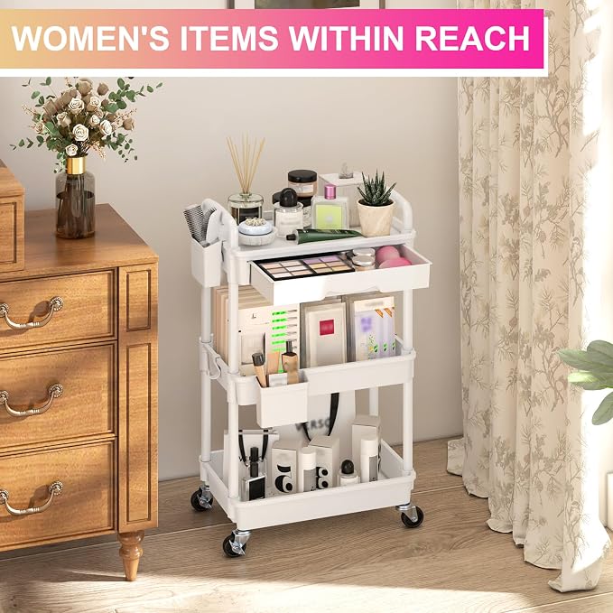 Goovilla 3 Tier Rolling Utility Cart Organizer with Removable Drawer, White | Stable and Sturdy Rolling Storage Carts with 2 Lockable Wheels for Bathroom, Kitchen, Snack, Craft, Makeup, Baby Essentials