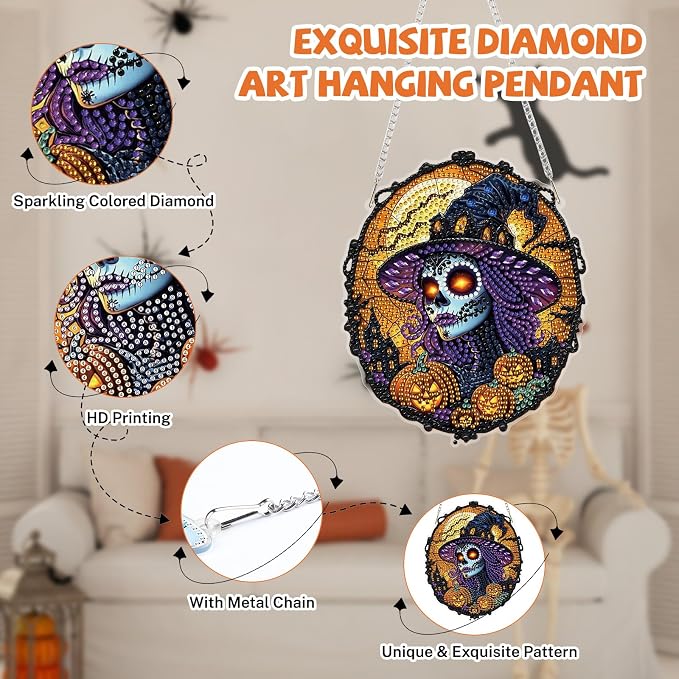 Bowetile Stained Glass Witch Diamond Art Hanging Kits for Adults, Gothic Diamond Art Suncatchers Halloween, 5D Special Shape Diamond Painting Pendant Window Ornament Gift for Home Wall Decor