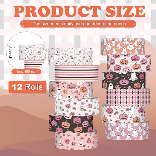 12 Rolls Floral Washi Tape Set,Pink,Halloween | Cute Ghost Pumpkin Design for Christmas Scrapbook Journal DIY Craft Supplies, 15 mm Vintage Decorative Masking Washi Tapes