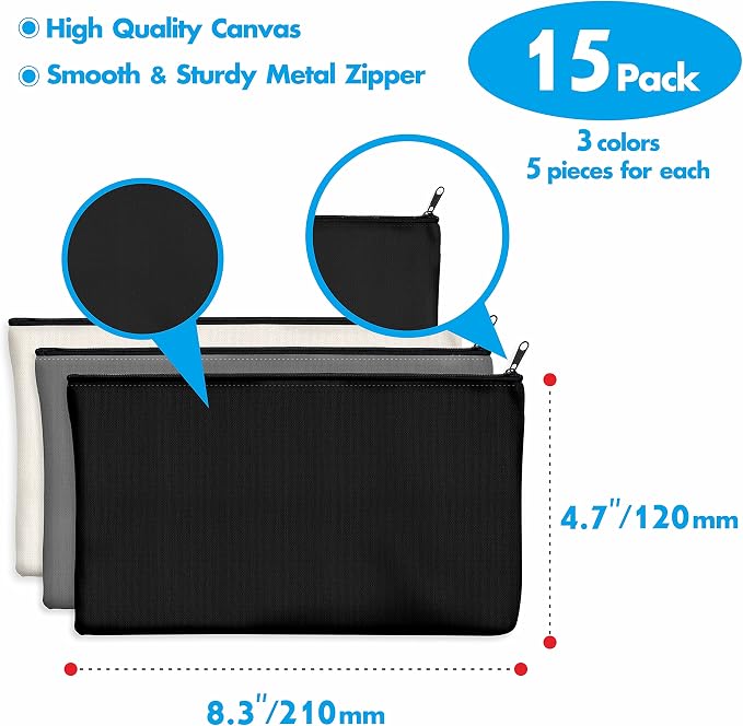 15 Pack Blank Cotton Canvas DIY Craft Zipper Bags Pouches Pencil Case for Makeup Cosmetic Toiletry Stationary Storage