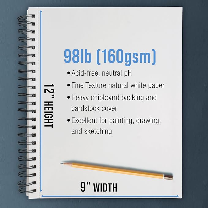 U.S. Art Supply 9"x12" Mixed Media Sketchbook, 2 Pack (60 Sheets) | 98 lb (160 gsm) - Spiral-Bound Pad with Perforated Acid-Free Paper - Artist Sketch Book For Drawing, Painting, Watercolor