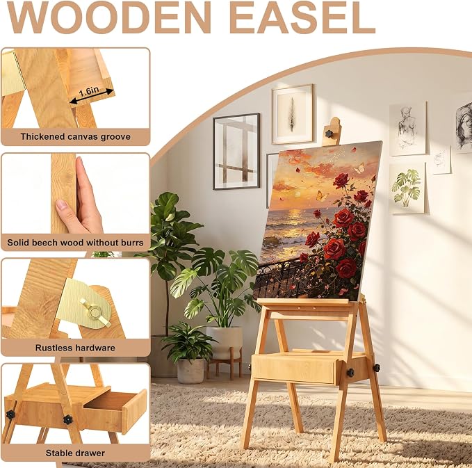 Large Beech Wood H-Frame Easel,Painting Easel with Storage Drawer,Up to 36" | Multi-Function Studio Easel, Professional Foldable Artist Easel Stand for Painting, Holds Canvas Art up to 36"
