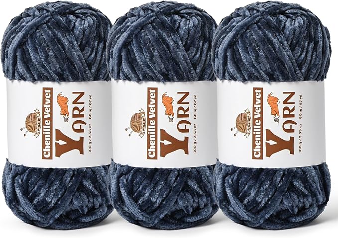 Chenille Crochet Navy Blue Yarn 3 Pack