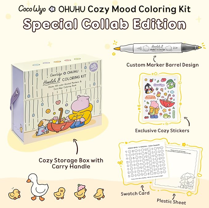 Ohuhu × Coco Wyo Coloring Set 48 Alcohol Markers& Coloring Book Brush& Fine | Co-branded Coloring Kit, 48-color Dual Tips Honolulu B, for Adults Beginners Artists Cozy Coloring, Great Gift Idea