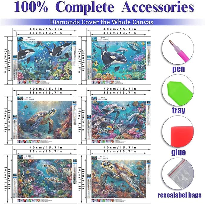 DOTSOPS6 Pcs Turtle Dolphin Diamond Painting Kits Art Adults Painting Kits | Crafts DIY 5D Diamond Art Packs Kits,Full for Adults,Beginner Home Wall Decoration Gift 11.8 x 15.7 Inches