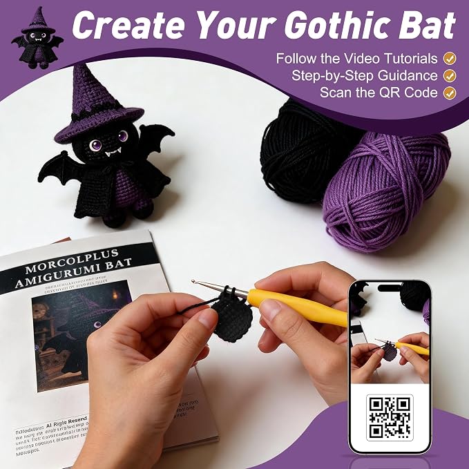 Morcolplus Bat Crochet Kit for Adults, Intermediate Gothic Amigurumi Crochet Kit with Step-by-Step Video Tutorials and All Materials Included, Gothic Room Decor Gift