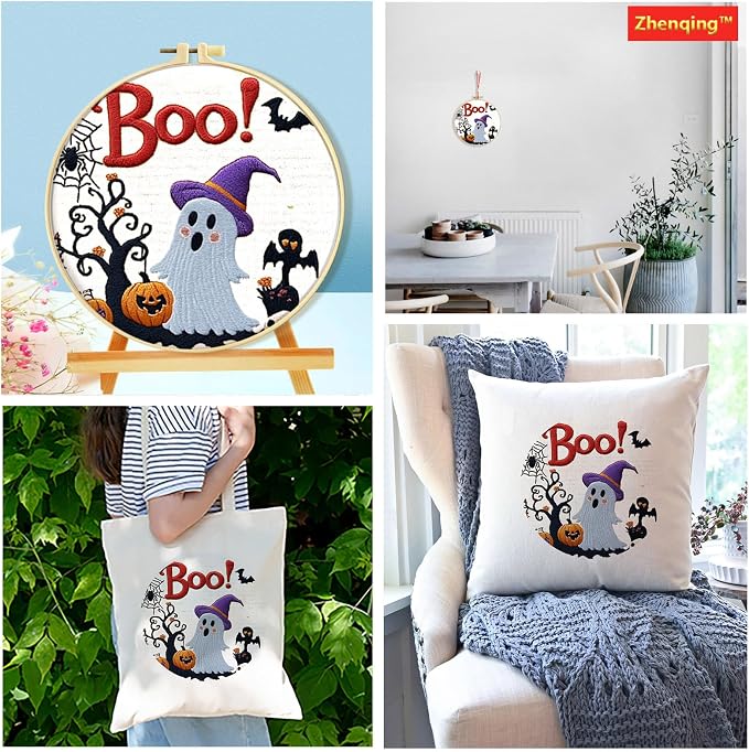 Zhenqing Halloween Ghost Embroidery Kit for Beginners, Cute Boo Needlework Kit with Pre-Printed Cotton Fabric, 20cm Hoop, Threads & Tools, Spooky DIY Wall Decor (C0117)