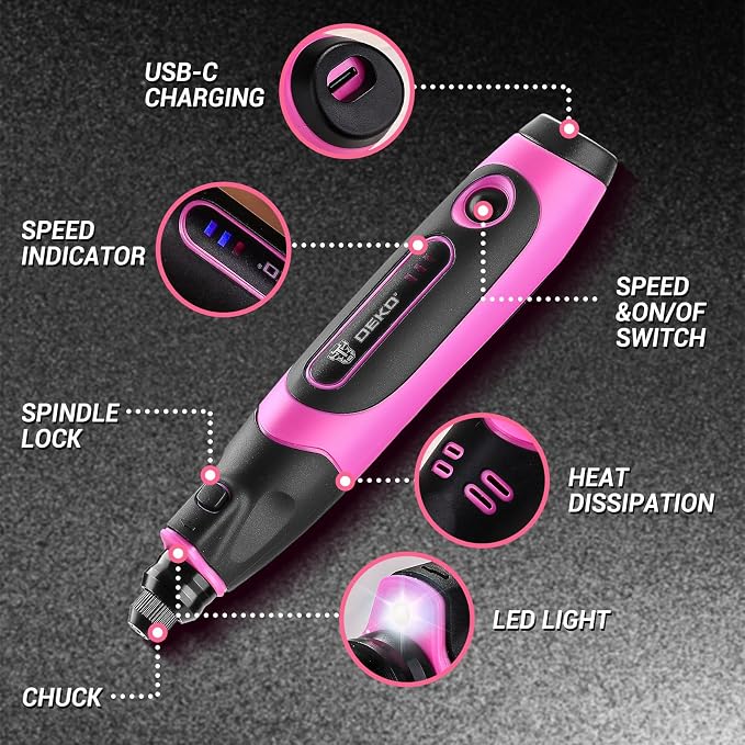 Mini Cordless Rotary Tool:DEKOPRO 3.7V Rotary Tool Variable Speed Display with Type-C Charging, Power Rotary Tool with 70 Accessories for Sanding, Engraving, Polishing, Drilling, Cutting, DIY (Pink)