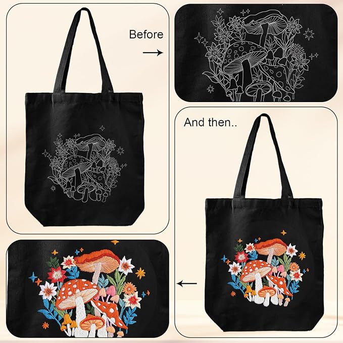 Louise Maelys Embroidery Kit Canvas Tote Bag with Mushroom Floral Pattern